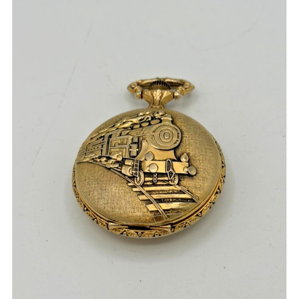 Vintage Armitron Swiss Quartz Pocket Watch Train Railroad Hunter Case Gold Tone